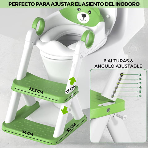 Adaptador WC para niños con escalera. Verde