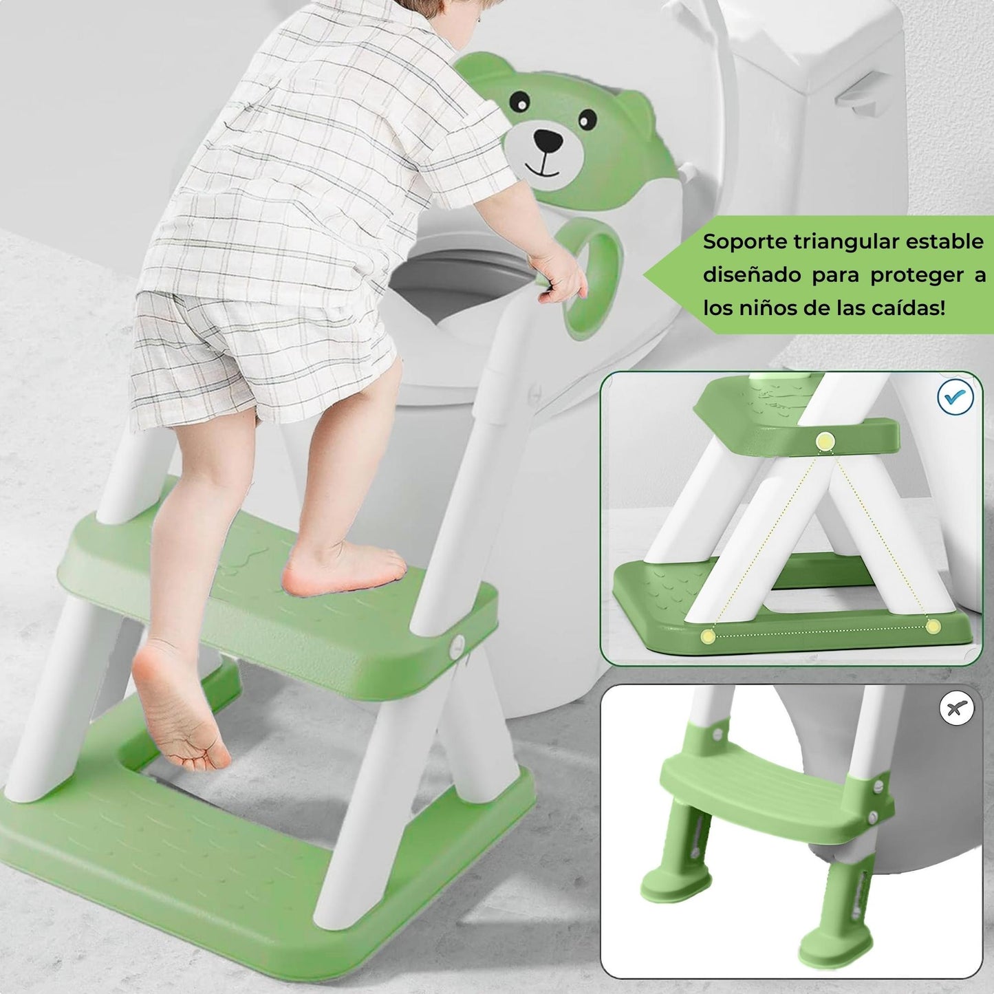 Adaptador WC para niños con escalera. Verde